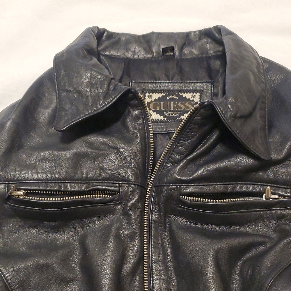 Guess Women's Black Genuine Leather Zip Jacket With Zippered Chest Pockets - Picture 15 of 16